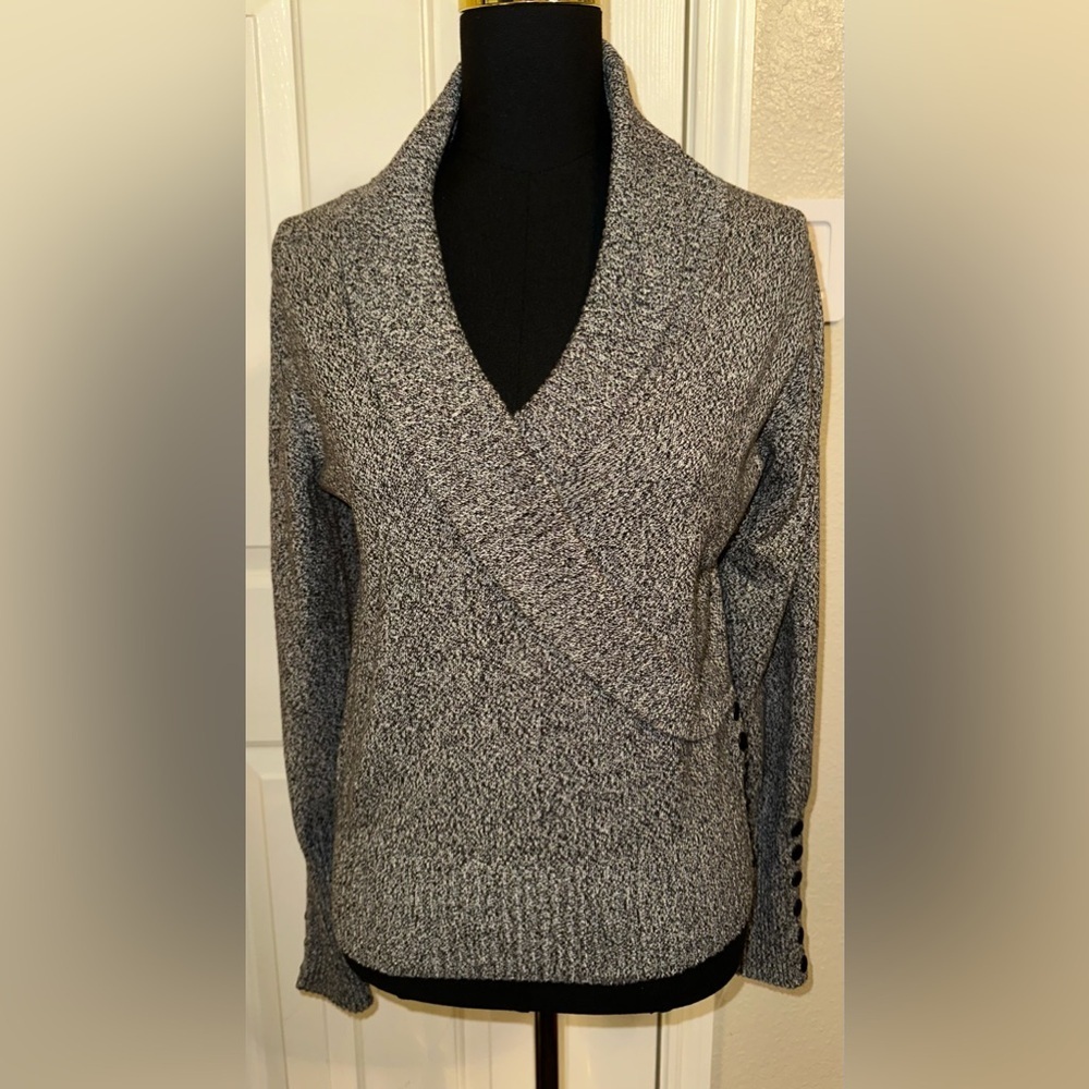 Dressbarn Gray Faux Wrap Sweater Medium Shawl Collar Button Detail Long Sleeve